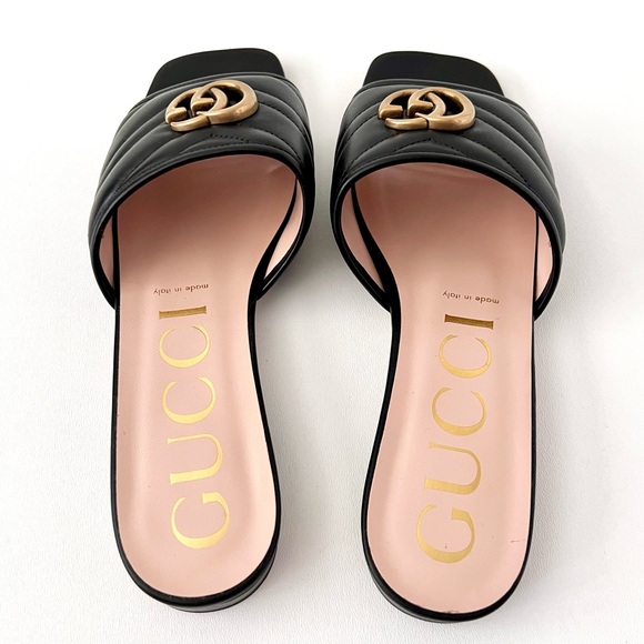 GUCCI | Marmont GG Jolie Matelasse Quilted Black Leather Low Heel Slides Sandals - Picture 8 of 14